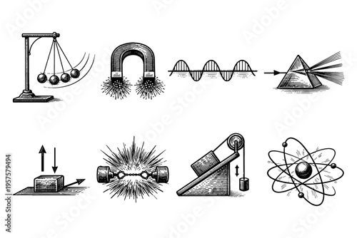Collection of physics diagrams illustrating fundamental scientific principles and forces