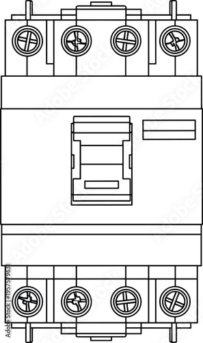 Technical line drawing of circuit breaker with terminals and switch lever, vector illustration for electrical engineering and industrial design
