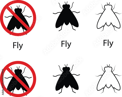 Fly vector set collection group with insect bug pest icons, housefly infestation control symbol prohibition sign silhouette outline isolated minimal editable design