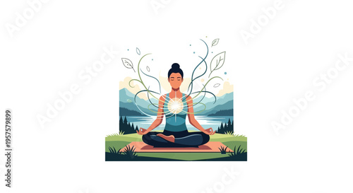 Woman Meditating Outdoors, Yoga Pose, Serene Landscape, Inner Peace, Mindfulness
