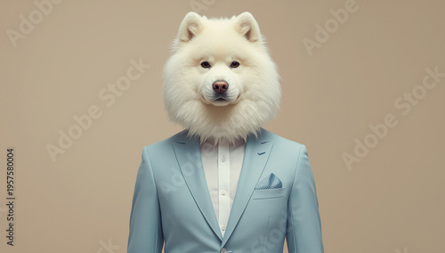 Artistic, surreal portrait of a human figure with a fluffy Samoyed dog head, wearing a stylish light blue suit jacket with matching pocket square on a clean background
