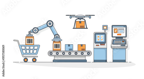 Automated Warehouse Logistics: Robotic Arm, Drone, Conveyor Belt, and Computer Systems