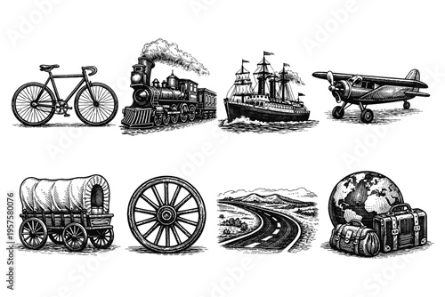 Collection of vintage transportation modes and travel elements in a sketch style