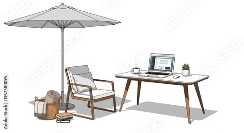 Outdoor workspace with laptop, chair, umbrella, coffee, and books on white background