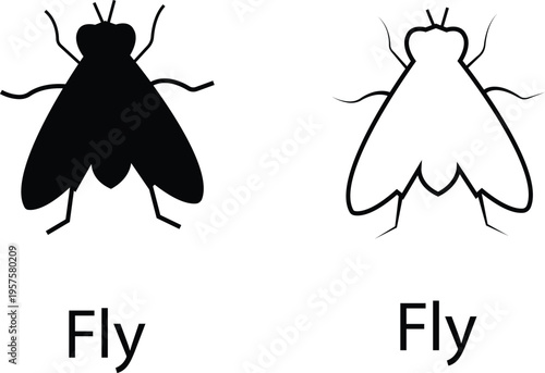 Fly icon set collection group black silhouette insect symbol bug pest housefly vector illustration flat and line style isolated design elements minimal modern editable pack