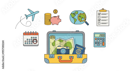 Travel Planning Flat Icons Set: Suitcase, Map, Camera, Passport, Plane, Piggy Bank, Calendar, Calculator