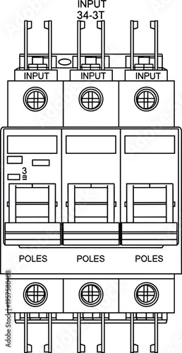 Vector schematic diagram of three‑pole electrical circuit breaker with labeled input terminals, poles, and internal switch components for system design.