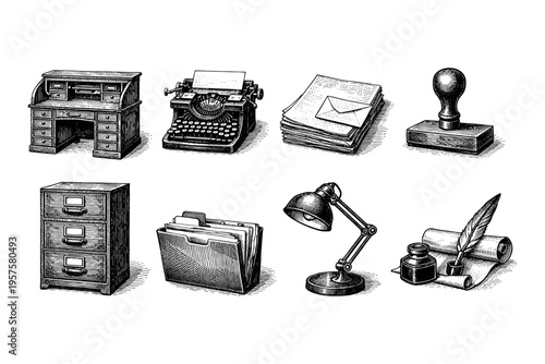 Vintage office supplies collection with typewriter, desk, and lamp in detailed illustration