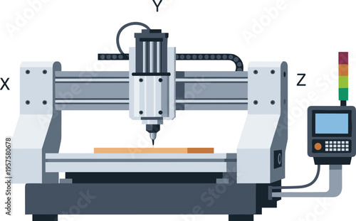 Vector illustration of CNC milling machine with labeled X, Y, Z axes, spindle, worktable, and control panel for manufacturing design.