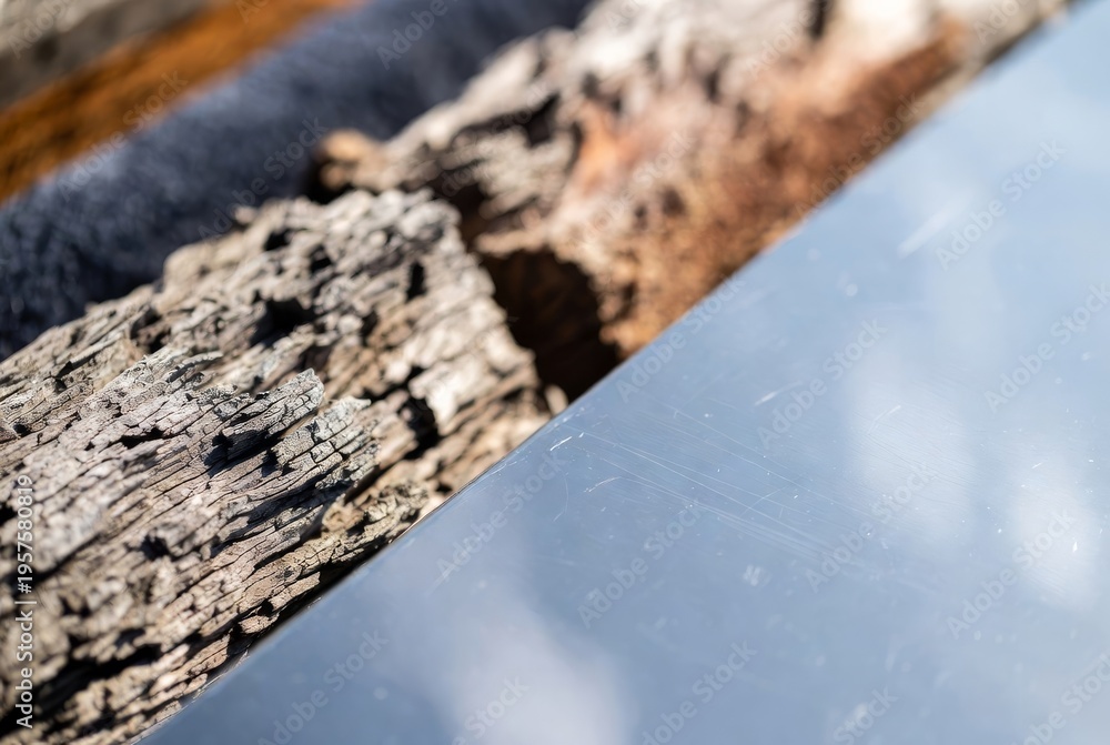Fototapeta premium Close-up of weathered wood log beside shiny metal surface outdoors