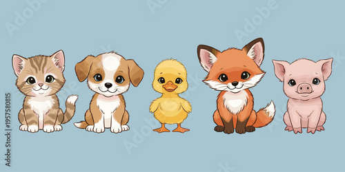 Cartoon lineup of five baby animals including kitten, puppy, duckling, fox, and piglet, colorful vector illustration symbolizing playfulness, creativity, and children’s learning concepts