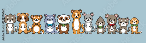 Cartoon lineup of twelve anthropomorphic animals wearing scarves and bows, colorful vector illustration symbolizing playfulness, creativity, friendship, and children’s learning concepts