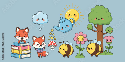 Cartoon whimsical scene with anthropomorphic animals, foxes, panda, bees, sun, cloud, tree, and teapot, colorful vector illustration symbolizing playfulness, nature, and children’s learning concepts