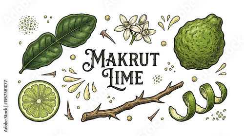 Hand Drawn Vintage Makrut Lime Botanical Illustration Set with Fruit, Slice, Leaves, and Flowers on Black Background. Kaffir Lime Vector Engraving for Label and Packaging.