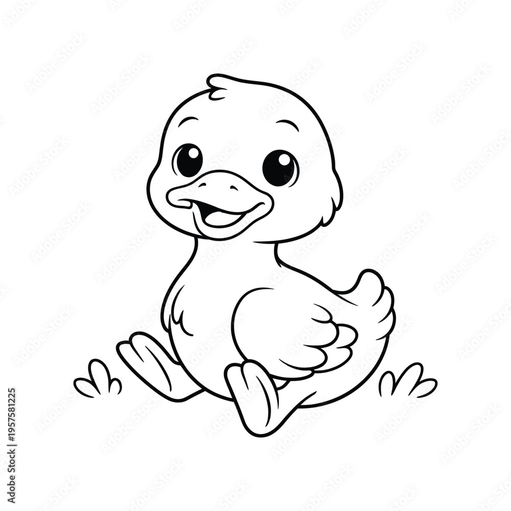 Fototapeta premium Chubby Duckling Sitting Outdoors Coloring Page Kawaii Style Kids Printable Black White Outline