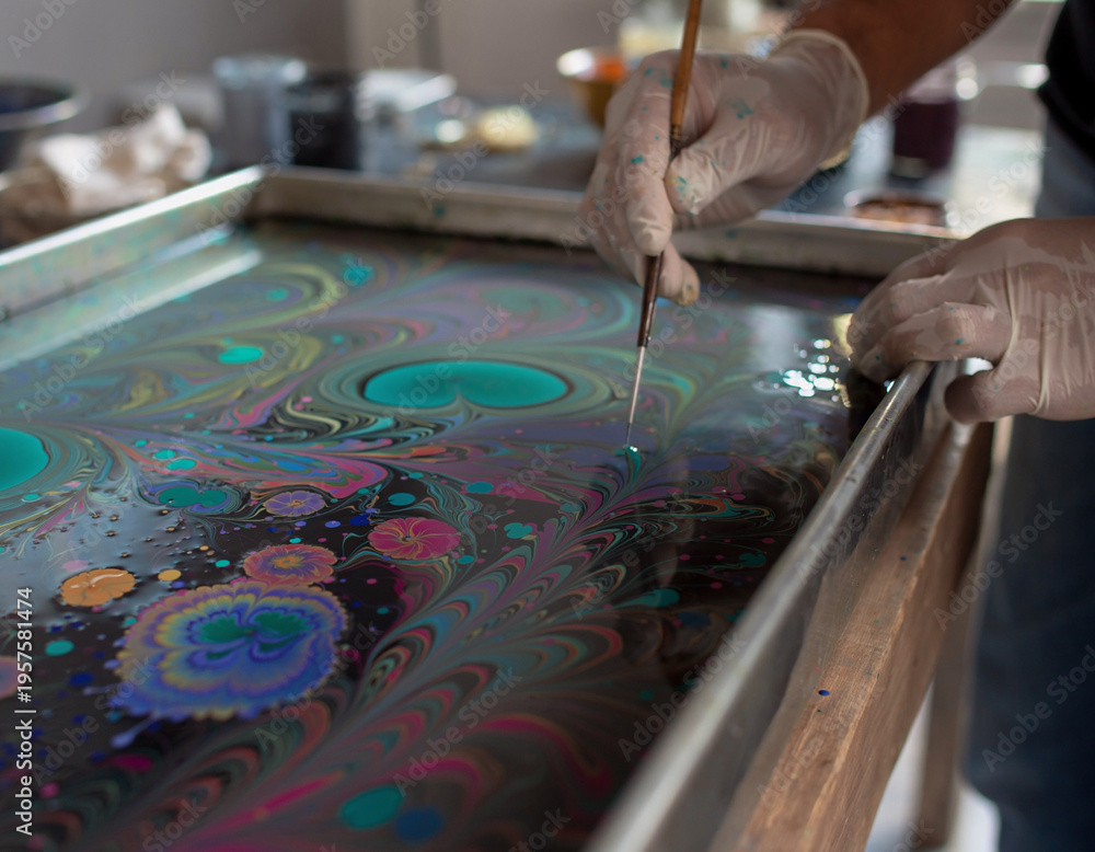 Obraz premium Traditional ink marbling art floating pigments on water surface