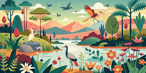 Vintage landscape wallpaper with a lake, plants, birds, crane, butterfly and insects
