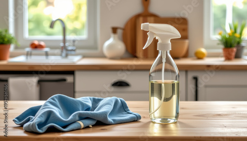 Sustainable home cleaning solutions reusable kit with natural supplies in minimalist kitchen environment