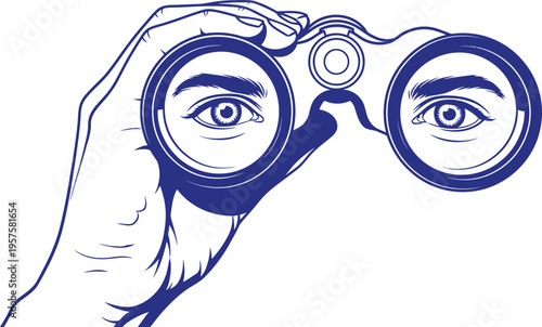 A hand holding binoculars with eyes looking through the lenses