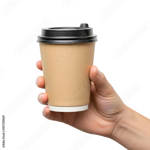 A hand holding a brown paper coffee cup isolated png on white background