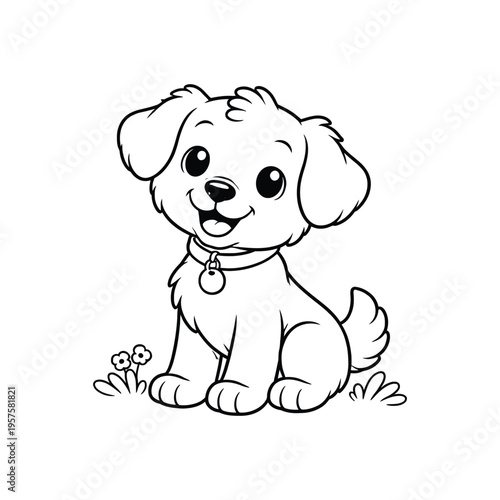 Fluffy Puppy Sitting Flowers Coloring Page Kawaii Dog Kids Printable Activity Black White