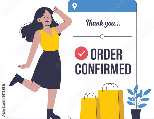 Order Confirmed Illustration with Happy Woman Shopping Online Thank You Message Mobile App UI Design E Commerce Success Purchase Concept