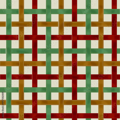 Colorful woven ribbon plaid seamless pattern with red, green, and brown bands. Creative textile background ideal for crafts, packaging, and decorative design use.