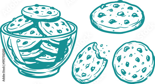 Cookies Vector Set, Hand Drawn Biscuit Snack Clipart Design, Sweet Food Line Art Illustration Collection.