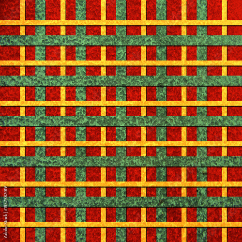 Bold red, green, and yellow textured plaid seamless pattern. Vibrant geometric textile background perfect for festive designs, fabric prints, and creative projects.