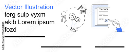 Real estate, legal agreements, business cooperation, homeownership, teamwork, professional services. Hand signing a contract, house gears people and key icon. Real estate and legal agreements