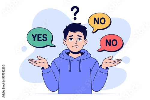 A cartoon man in a blue shirt is shown with a questioning expression, surrounded by speech bubbles with yes and no, symbolizing indecision and doubt.