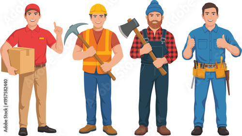 Set of professional male workers, courier, construction laborer, woodcutter and handyman character illustration on white background