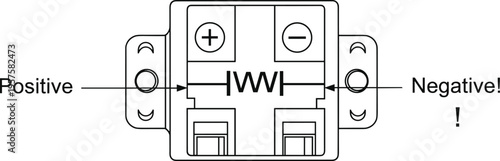 Electrical current sensor with positive and negative terminals, labeled vector illustration for engineering, wiring, and circuit design