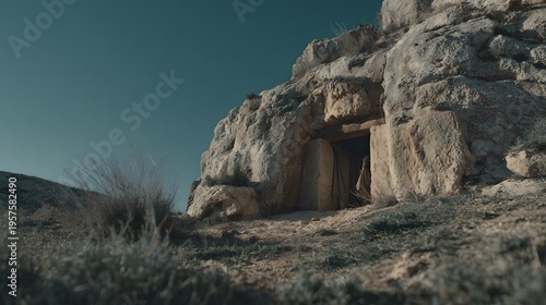 Lazarus reviving behind the tomb barrier unseen by those outside, exterior view of sealed burial site with subtle signs of movement implied, calm natural lighting across the terrain, static wide shot 