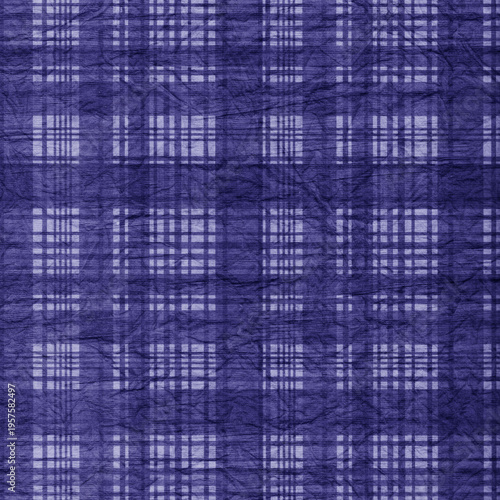 Dark blue crumpled texture plaid seamless pattern with soft grid overlay. Artistic textile background ideal for wallpaper, fabric, and vintage-inspired design use.