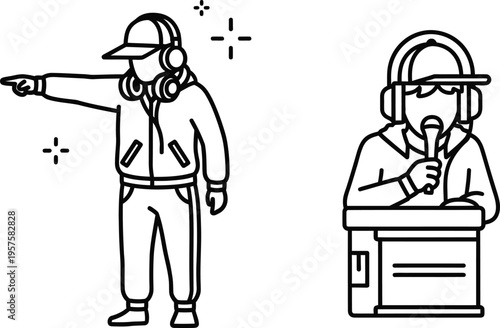 Two cartoon characters wearing headsets in different scenarios