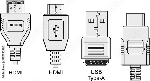 Vector illustration of HDMI and USB Type-A connectors in black-and-white style for electronics, data transfer, and device design.
