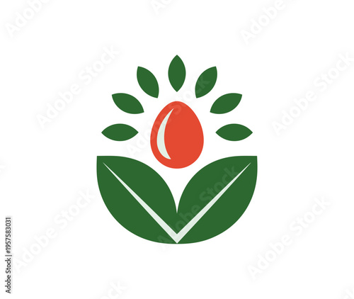 A vibrant vector graphic of a stylized flower icon with green leaves and a red center, symbolizing growth and nature