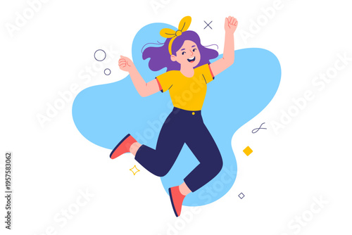 A vibrant cartoon woman jumping in the air with a joyful expression on her face.