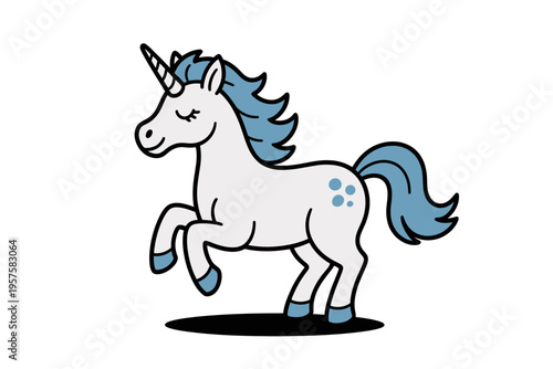 A whimsical cartoon unicorn with a blue mane and tail prances playfully on a white background
