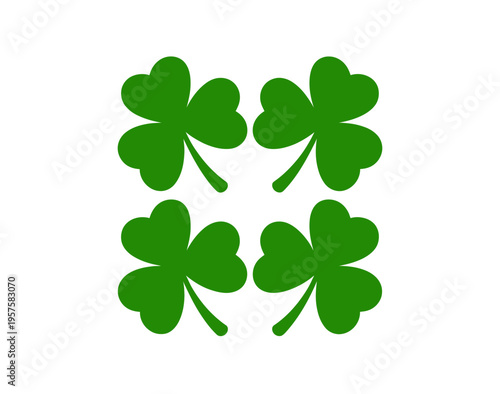 A set of four green clover leaves arranged in a square on a white background, symbolizing good luck and St. Patrick's Day