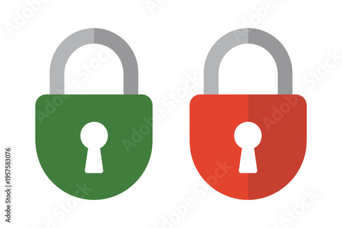 A vector graphic illustration of two padlocks with green and red shields and white keyholes on a white background