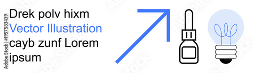 Innovation, growth, healthcare, inspiration, ideas, progress. A blue upward arrow, dropper bottle and lightbulb on a white background. Innovation and growth concepts