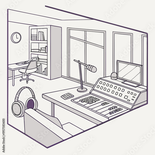 Radio station control room with desk and equipment