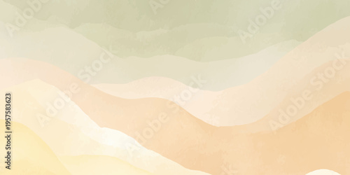 Abstract watercolor background with soft green and yellow wavy layers, ethereal misty mountain landscape texture
