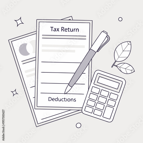 A tax return form with a pen and calculator