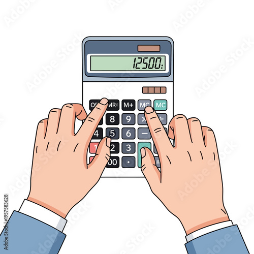 Hands Using Calculator for Financial Calculations, Counting Money, Business Accounting