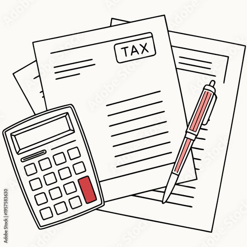 Tax documents with calculator and pen