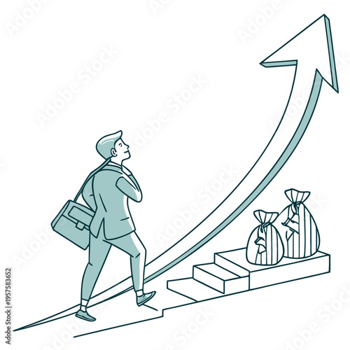 Businessman looking up at a growing graph with money bags