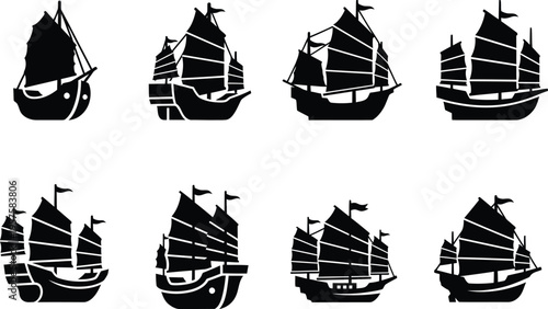 Collection of eight black and white sailing ship silhouettes